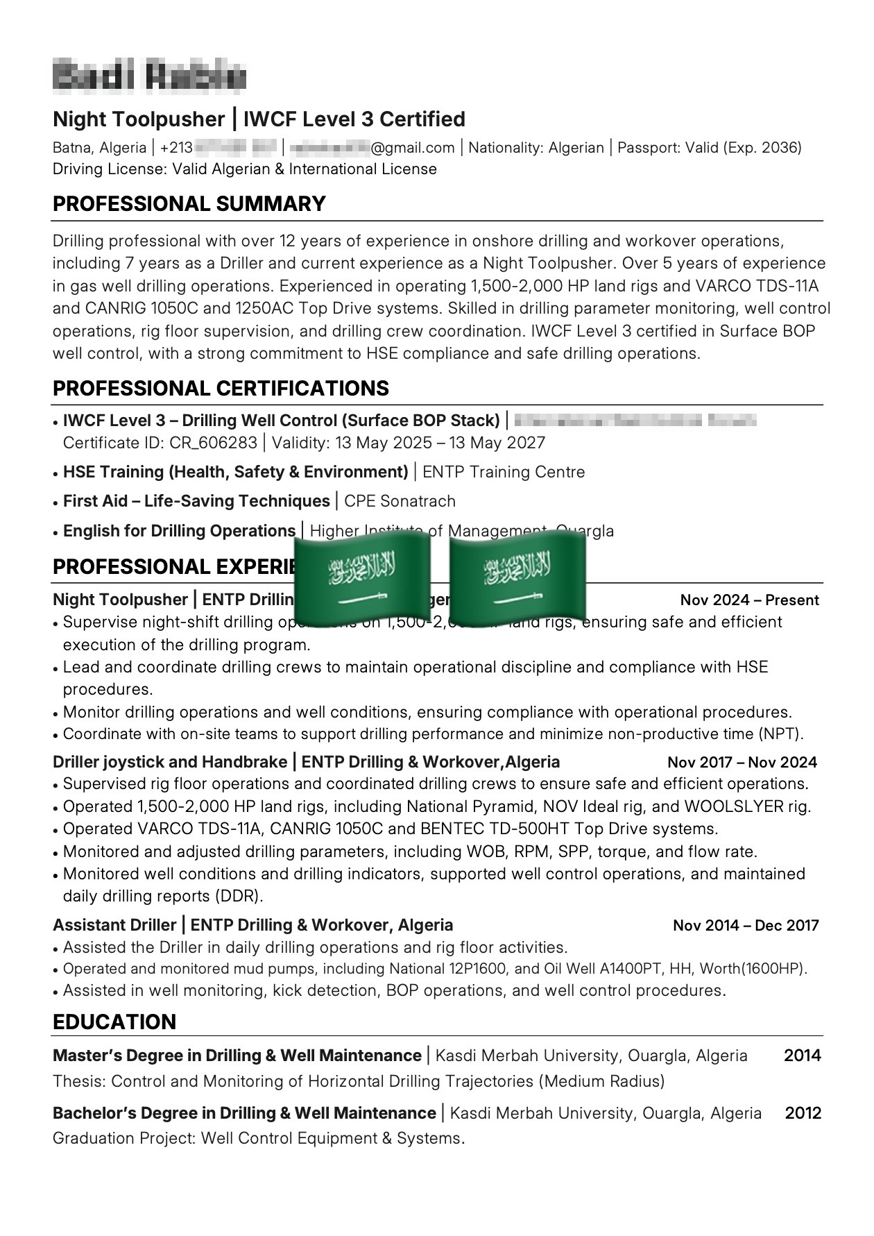 CV Night Toolpusher | Superviseur