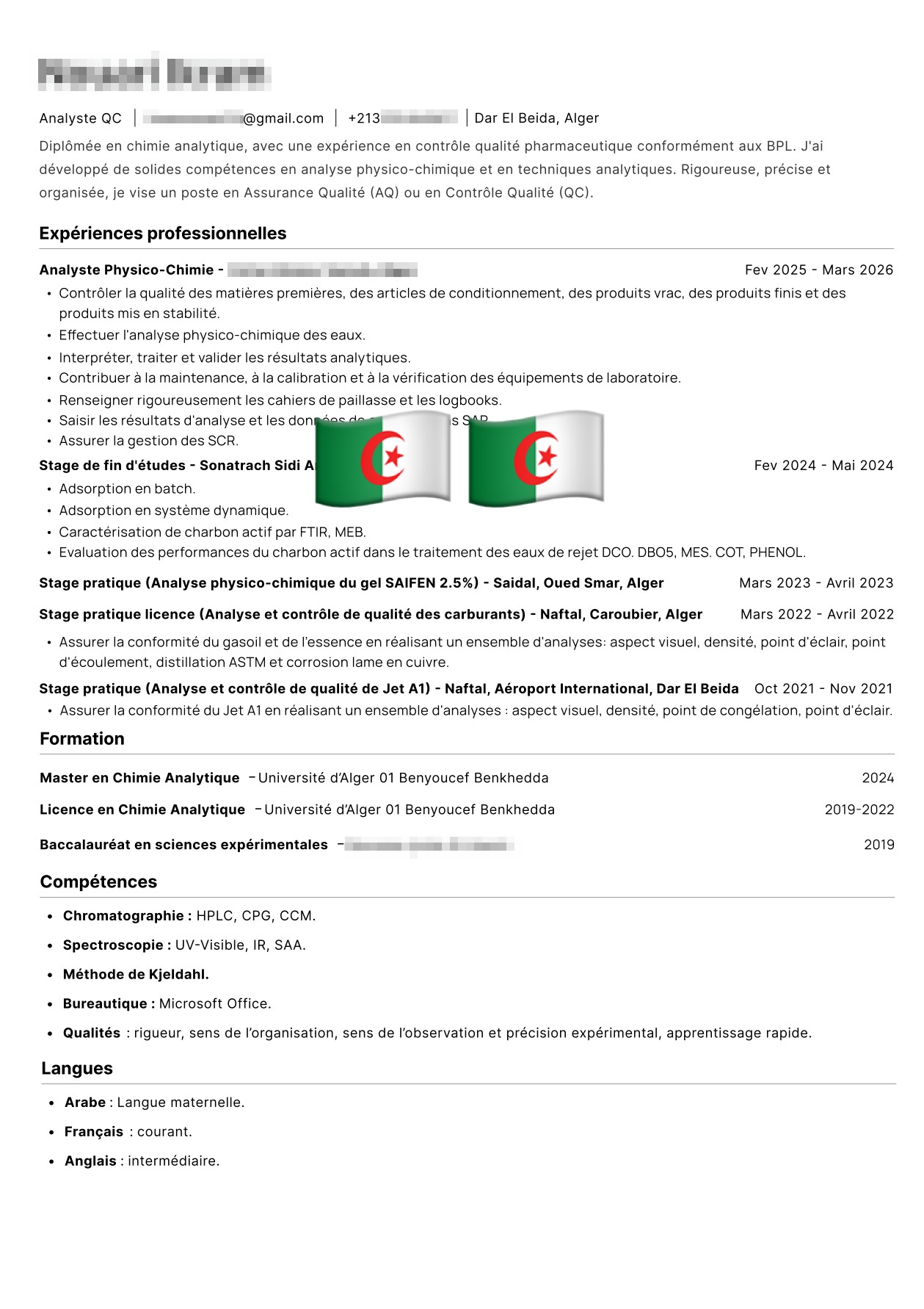 CV Analyste QC | Chimie Analytique